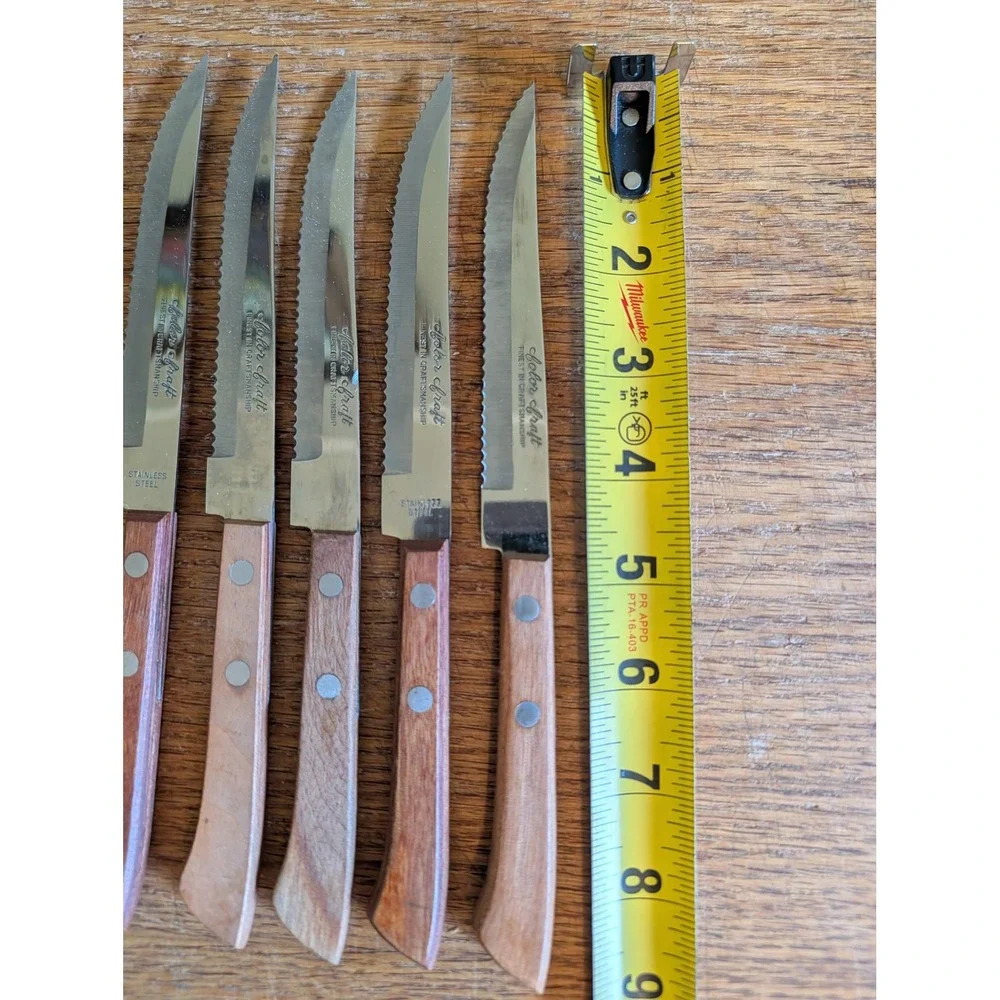 Vintage Color Craft Steak Knife Set 6pc Stainless Steel Wood Handle 1970s Retro